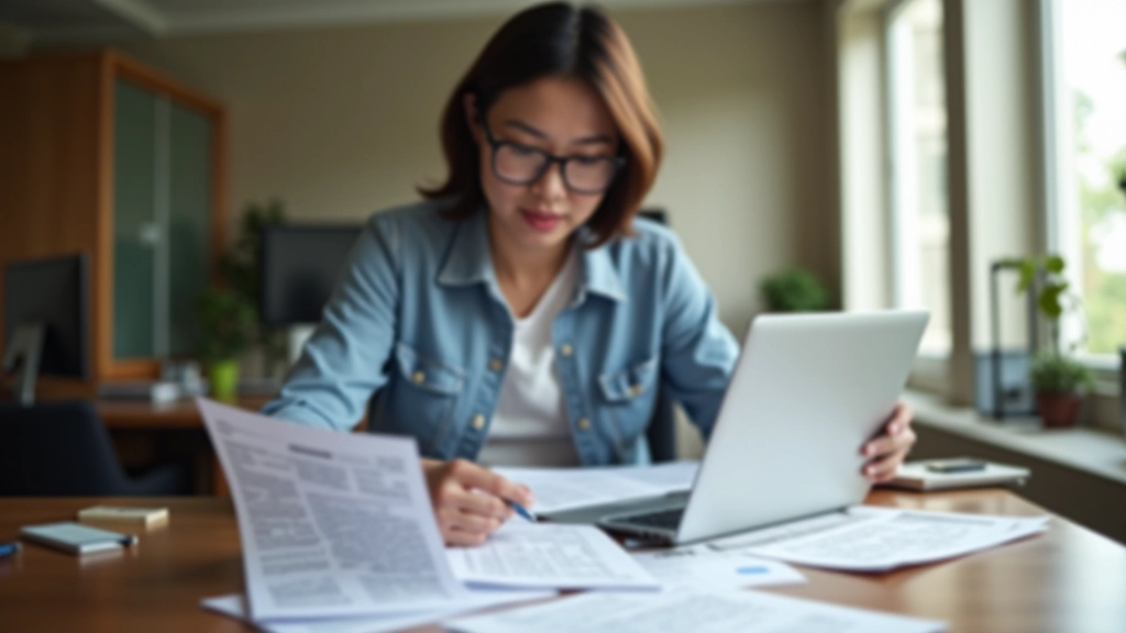 Person reviewing retirement planning documents and financial statements at home office desk