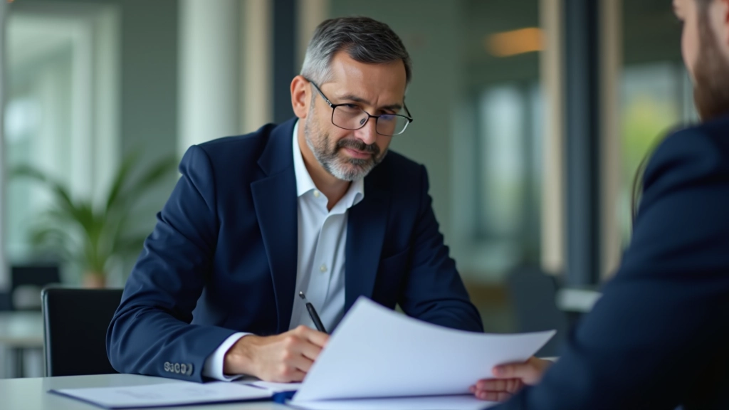 Professional financial advisor reviewing retirement planning documents with a client in a modern office setting